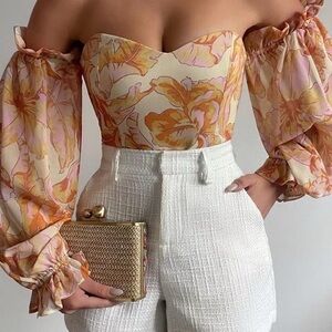 NEW RNWY The Label Long Balloon Sleeve Off The Shoulder Vishaka Bodysuit Sz L